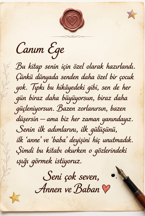 Hediye edilen çocuğa özel yazılmış ithaf ve sevgi notu sayfası doğum günü hediyesi detayı