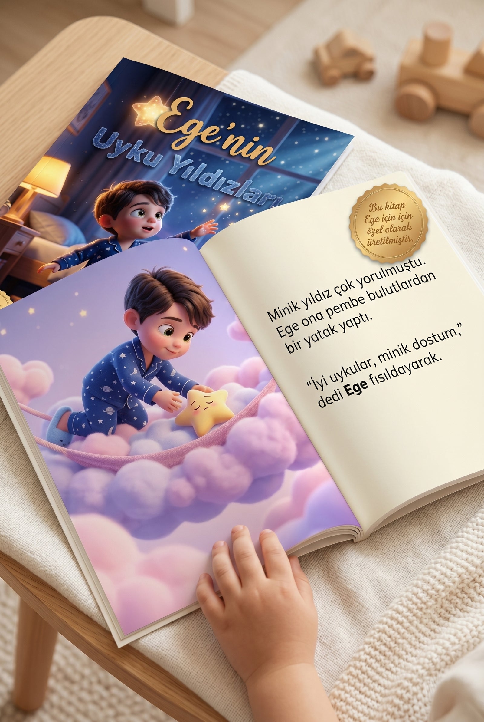 Kişiye özel kitabın açık sayfası Ege'nin bulutlarda yıldızları uyuttuğu renkli ve eğitici sahne