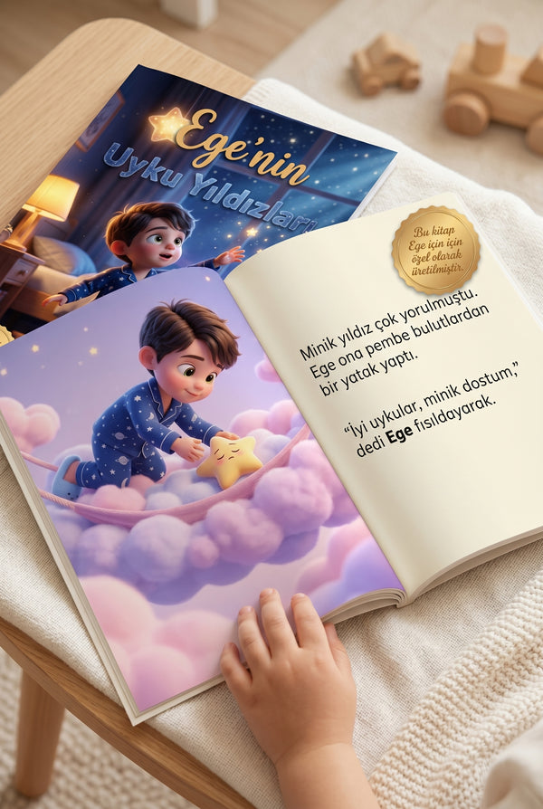 Kişiye özel kitabın açık sayfası Ege'nin bulutlarda yıldızları uyuttuğu renkli ve eğitici sahne