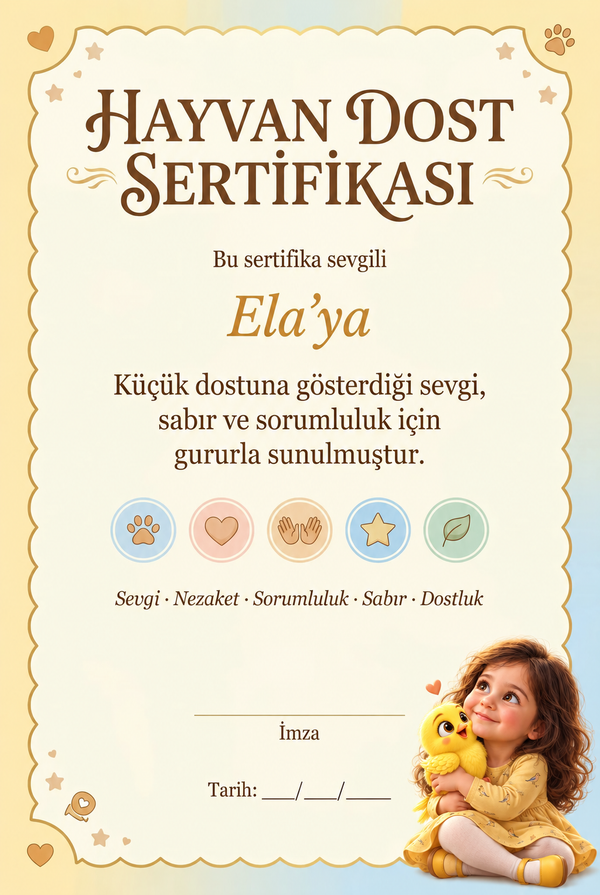 Ela ve Cibi kişiye özel Hayvan Dost Sertifikası