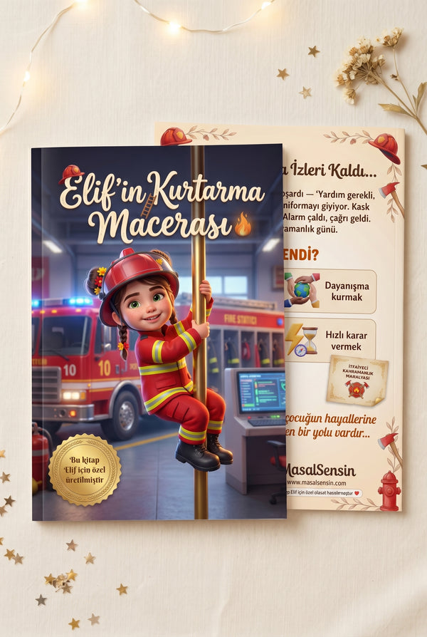 Elif'in adına özel kahramanlık kitabı ön ve arka kapak birlikte — A4 boyutunda yumuşak kapak tasarımı