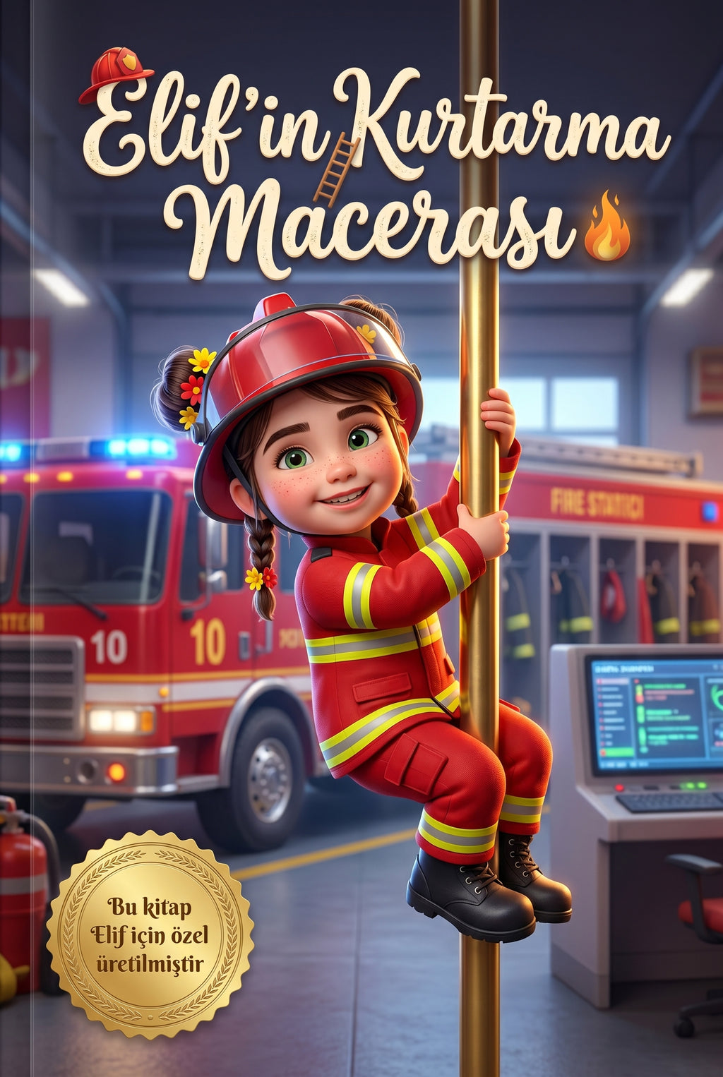 Elif'in Kurtarma Macerası kişiye özel çocuk kitabı ön kapağı, kırmızı itfaiyeci kasklı 3D illüstrasyon