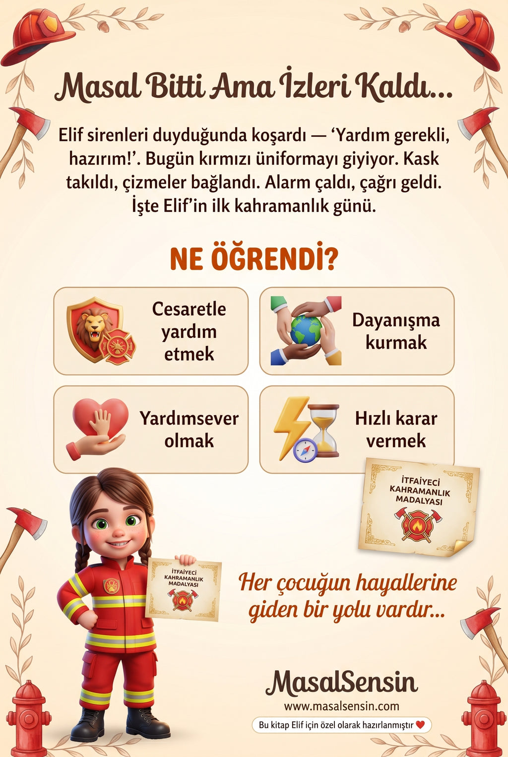 Elif isimli meslek kahramanları kitabının arka kapağı — cesaret ve yardımseverlik kazanımları özeti