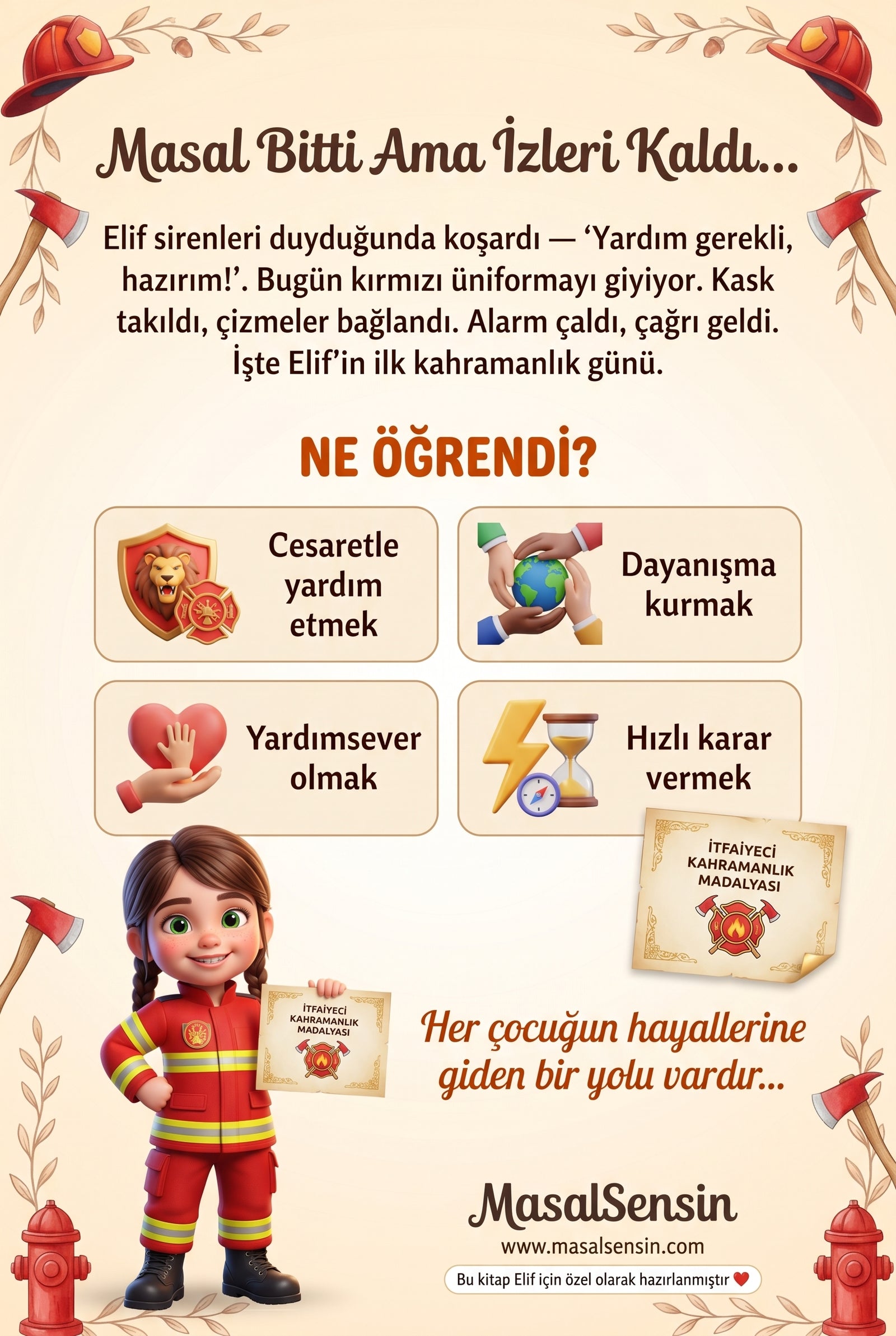 Elif isimli meslek kahramanları kitabının arka kapağı — cesaret ve yardımseverlik kazanımları özeti