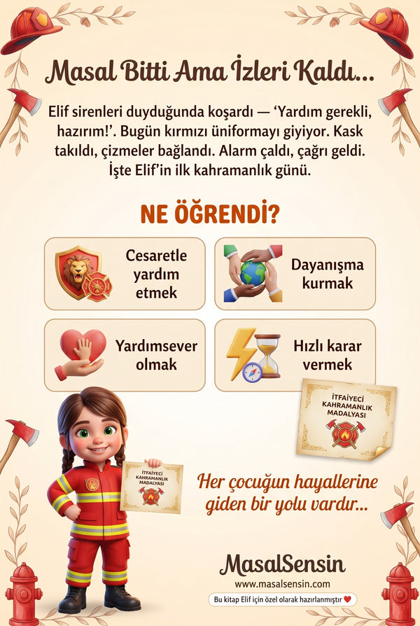 Elif isimli meslek kahramanları kitabının arka kapağı — cesaret ve yardımseverlik kazanımları özeti