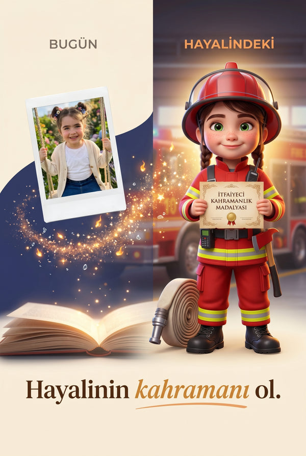 Elif'in yüklenen fotoğrafının kitaptaki sevimli ve cesur itfaiyeci karakterine dönüşüm aşaması