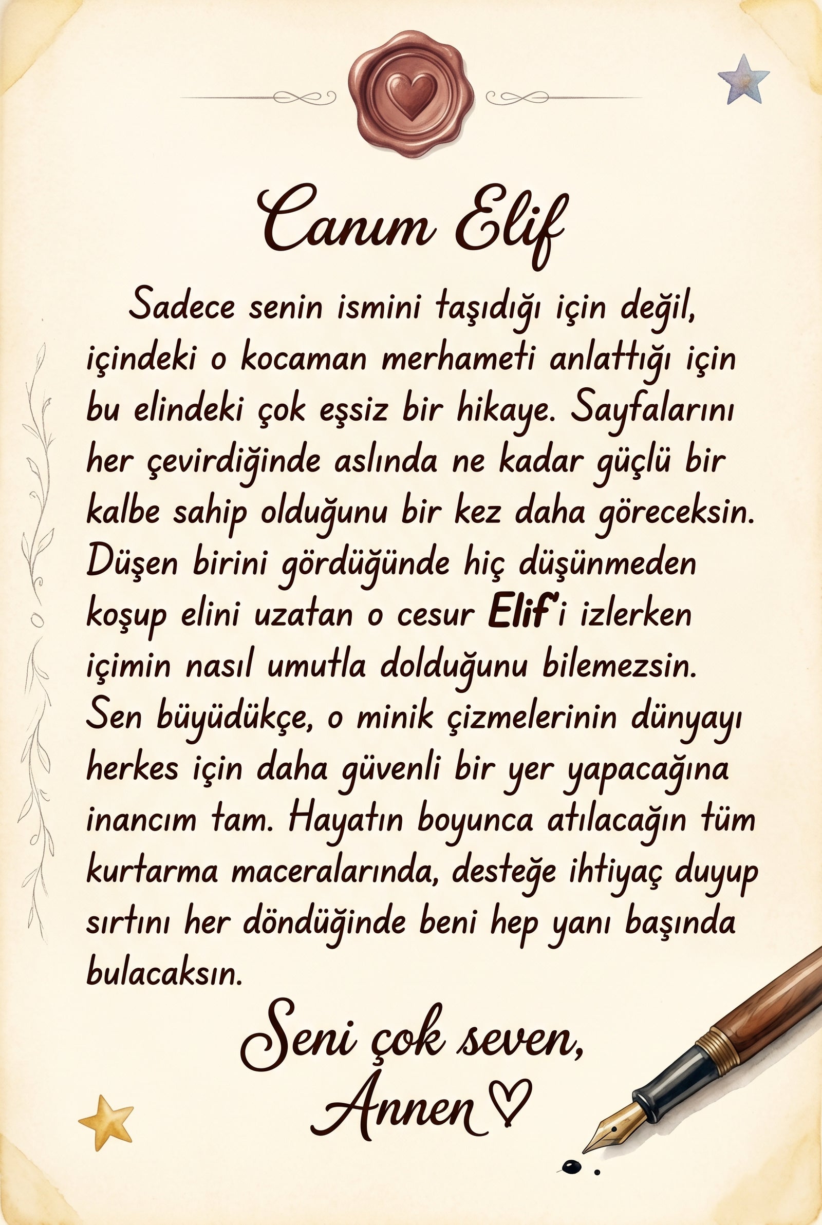 Kitabın ilk sayfasında yer alan aileden Elif'e yazılmış sevgi dolu özel ithaf ve hediye notu