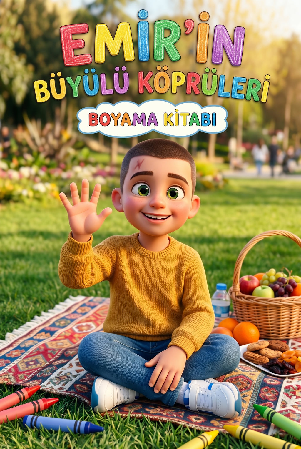 Emir'in Büyülü Köprüleri kişiye özel boyama kitabı ön kapağı, detaylı fantastik dünyalar illüstrasyonu