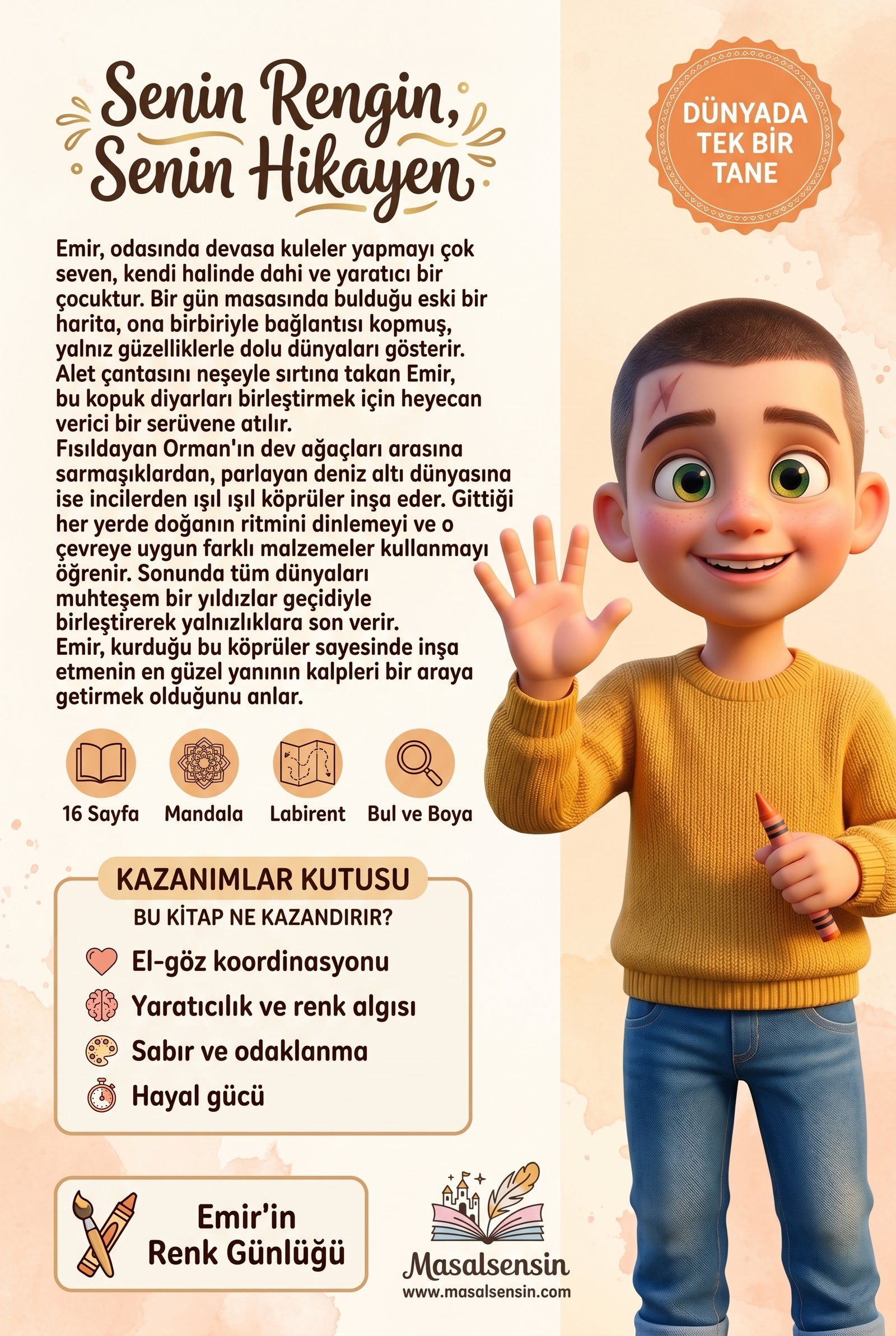 Emir isimli kitabın arka kapağı — yaratıcı problem çözme ve empati kazanımlarını anlatan ebeveyn bilgilendirmesi