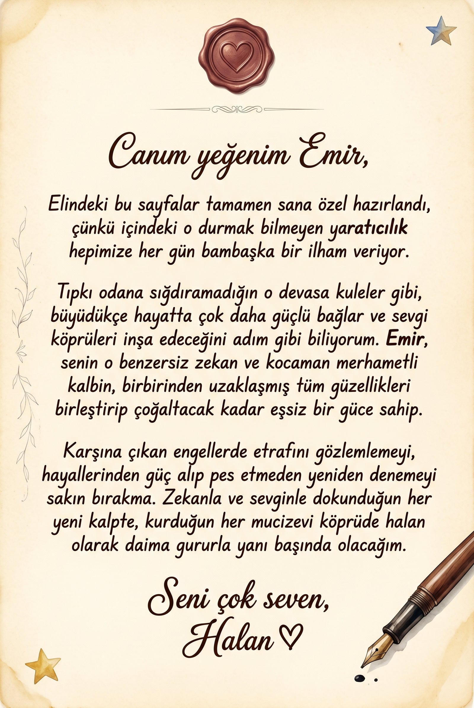 Hediye veren için özel mesaj alanı — Emir'in Büyülü Köprüleri doğum günü hediyesi not sayfası tasarımı