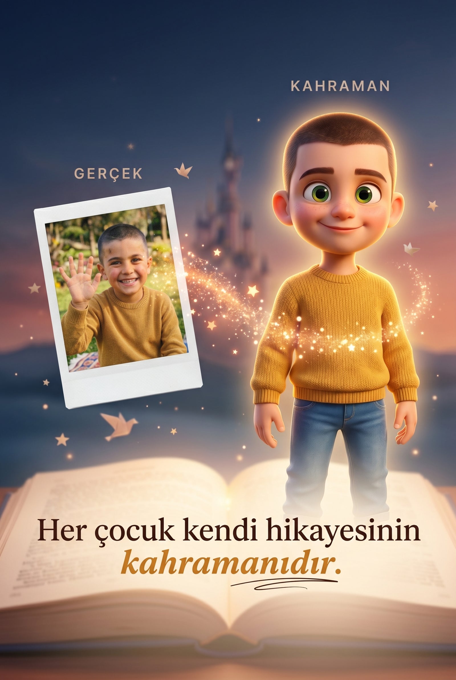 Gerçek fotoğrafın kitabın içindeki detaylı boyama sayfalarına, Emir'in animasyonlu karakterine dönüşümü