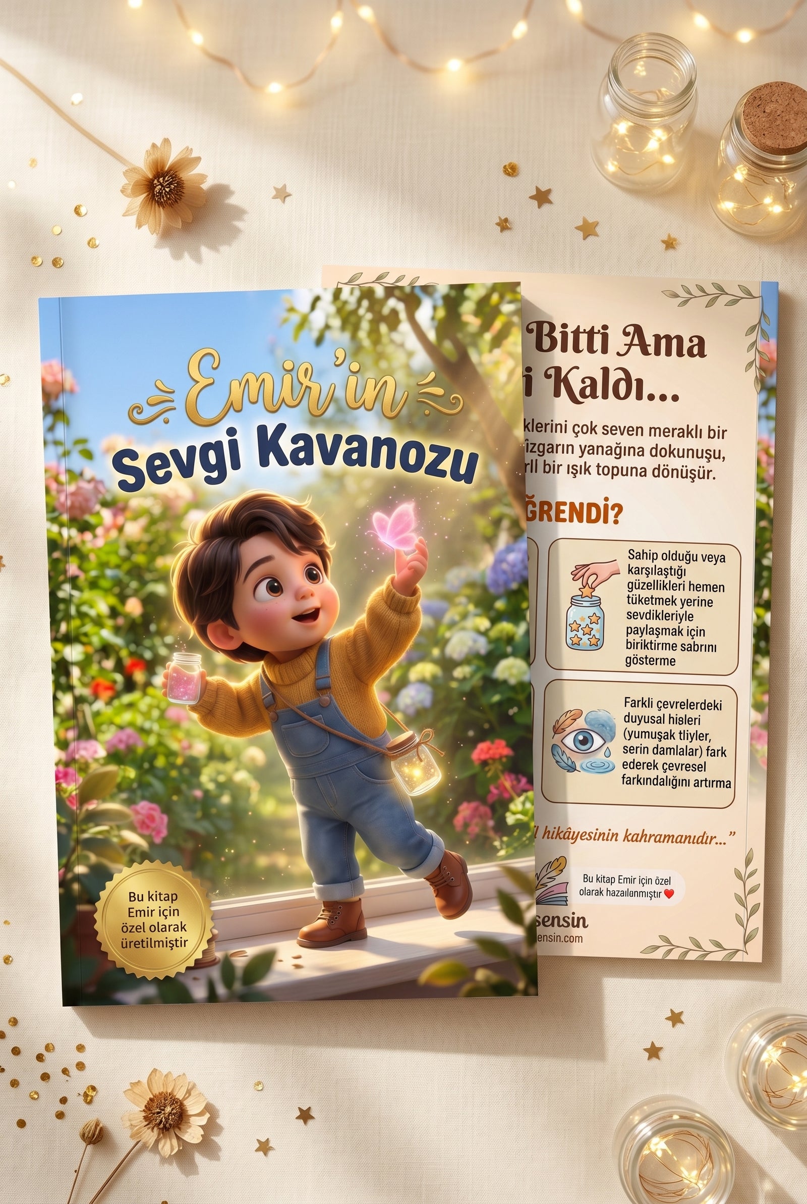 Emir'in Sevgi Kavanozu kitabının ön ve arka kapağı bir arada — A4 ebatında yumuşak kapak kalitesi