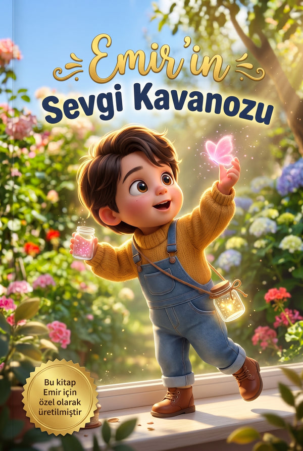 Emir'in Sevgi Kavanozu kişiye özel bebek masalları kitabı ön kapağı, 3D Pixar kalitesinde illüstrasyon