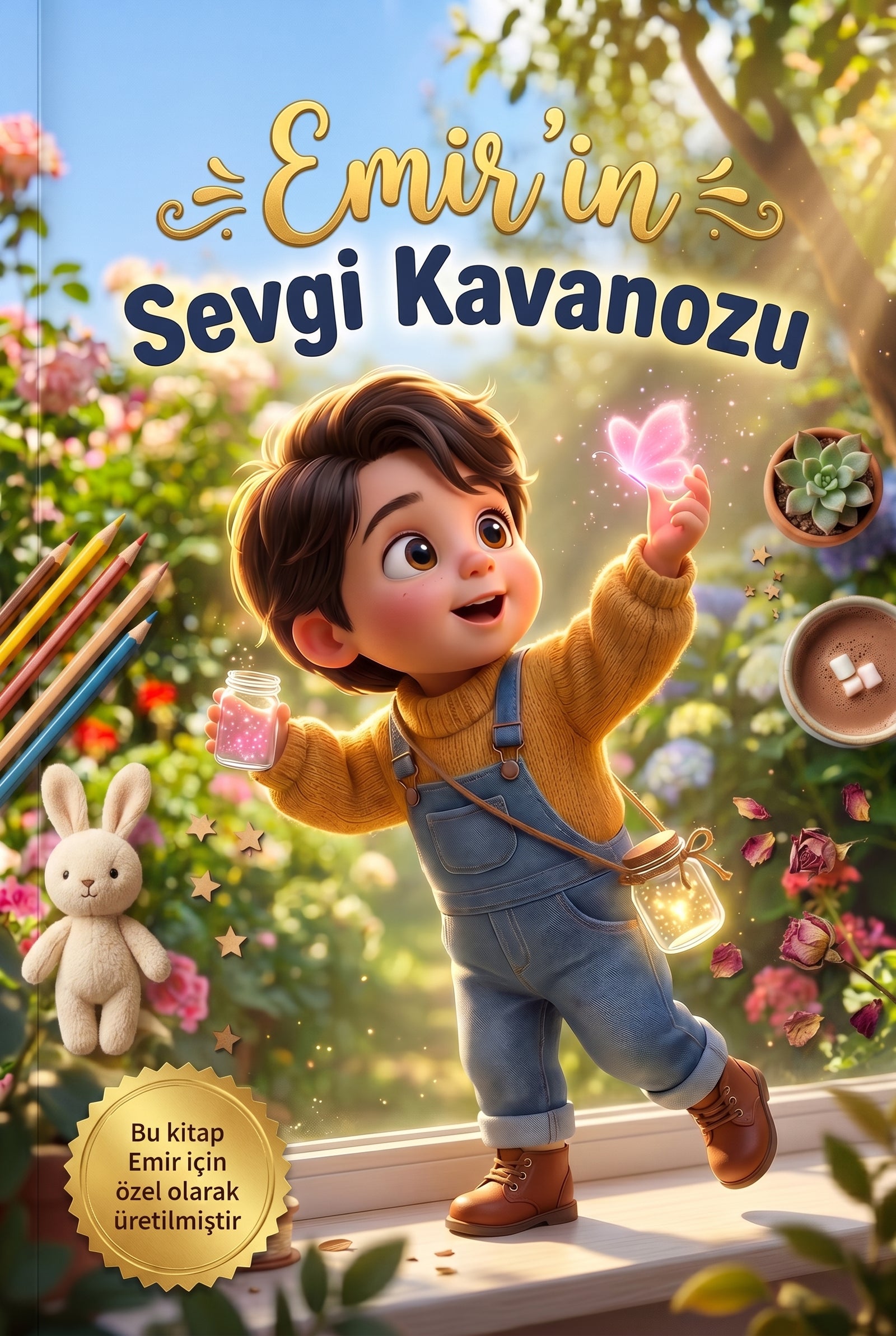 Kişiye özel çocuk kitabı Emir'in Sevgi Kavanozu ve peluş oyuncaklarla hazırlanan flatlay hediye konsepti