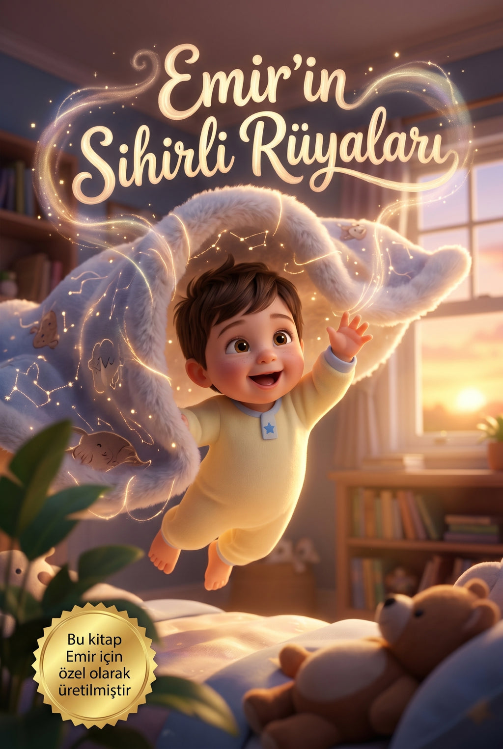 Emir'in Sihirli Rüyaları kişiye özel bebek masalları kitabı ön kapağı, Pixar kalitesinde 3D illüstrasyon.