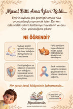 Emir isimli kitabın arka kapağı — huzurlu uykuya geçiş ve güven duygusu kazanımlarını anlatan tasarım.