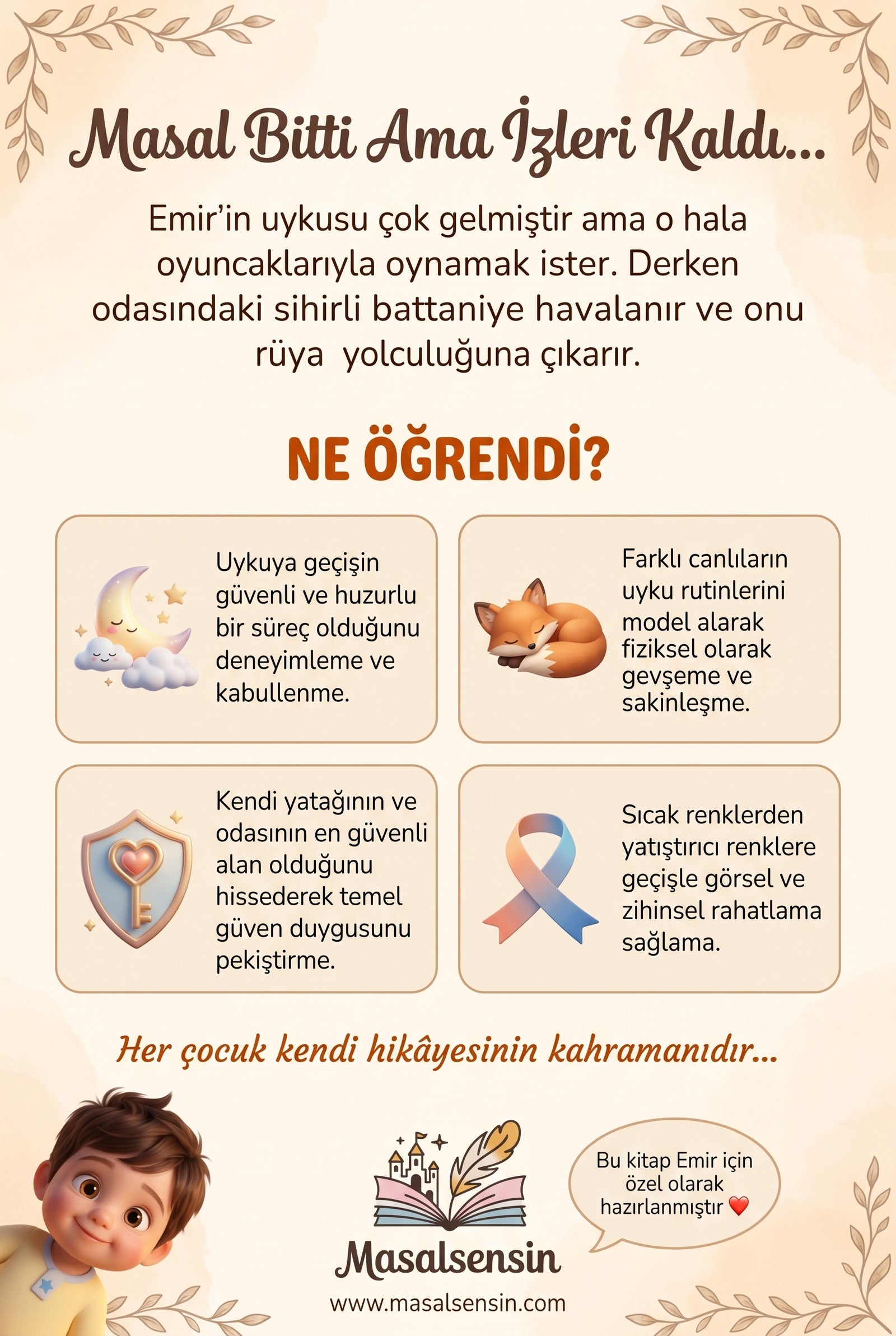 Emir isimli kitabın arka kapağı — huzurlu uykuya geçiş ve güven duygusu kazanımlarını anlatan tasarım.