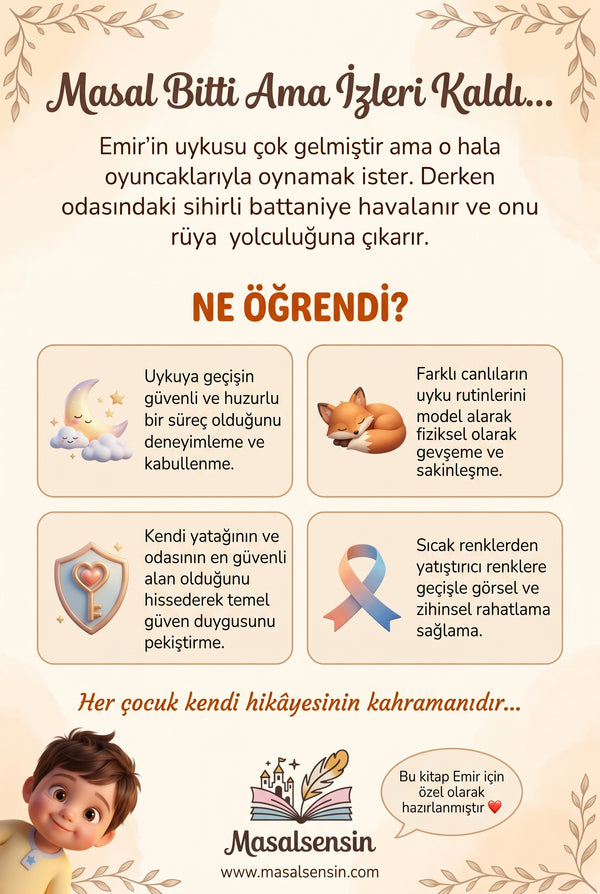Emir isimli kitabın arka kapağı — huzurlu uykuya geçiş ve güven duygusu kazanımlarını anlatan tasarım.