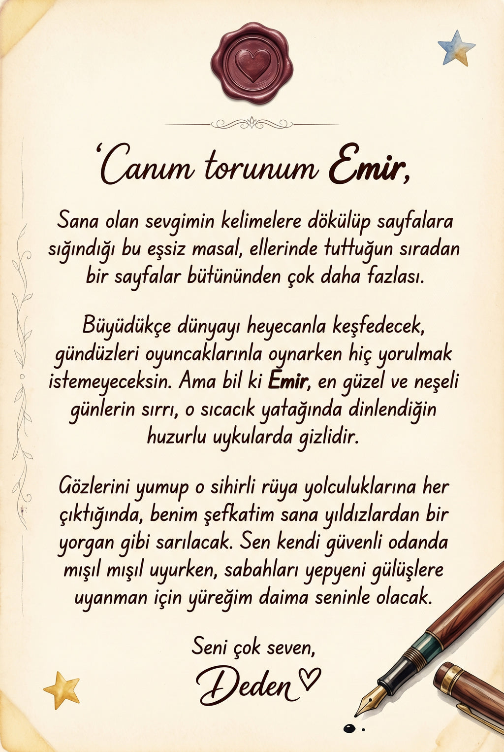 Hediye eden teyzeden Emir'e özel yazılmış duygu dolu ithaf alanı ve doğum günü tebrik mesajı sayfası.