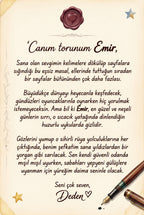 Hediye eden teyzeden Emir'e özel yazılmış duygu dolu ithaf alanı ve doğum günü tebrik mesajı sayfası.