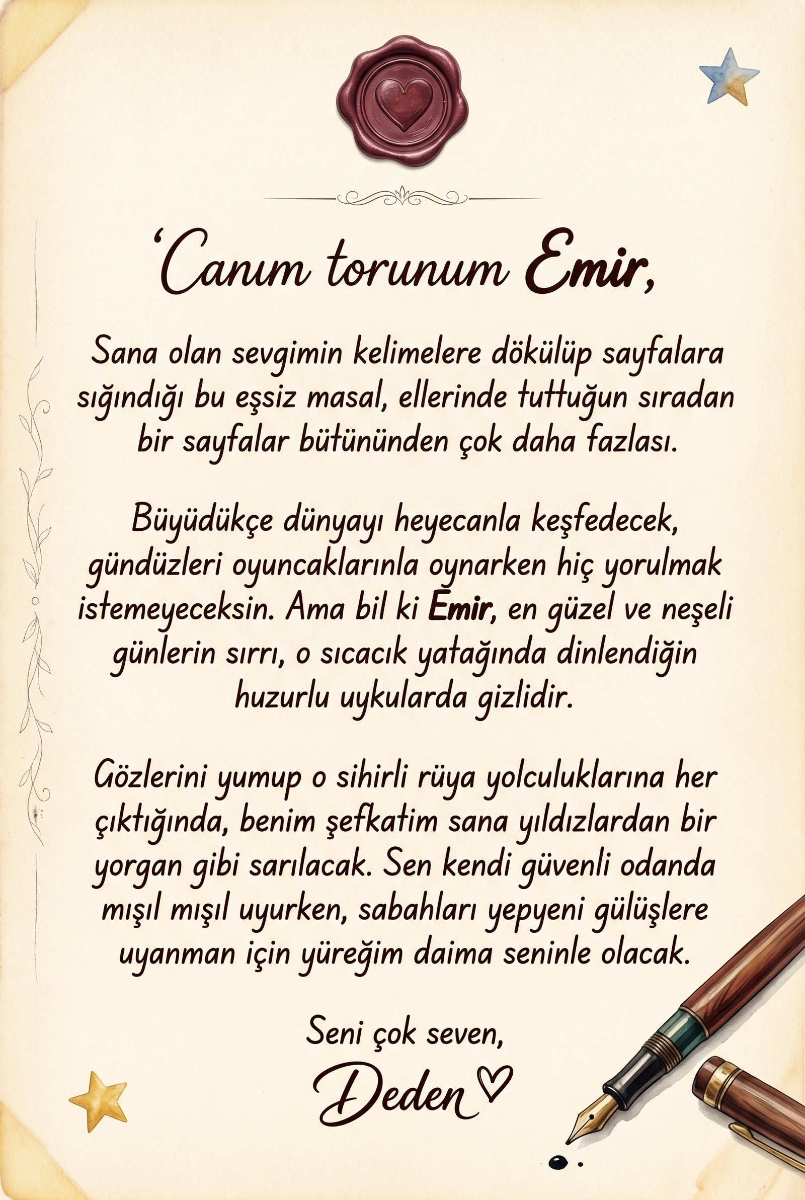 Hediye eden teyzeden Emir'e özel yazılmış duygu dolu ithaf alanı ve doğum günü tebrik mesajı sayfası.