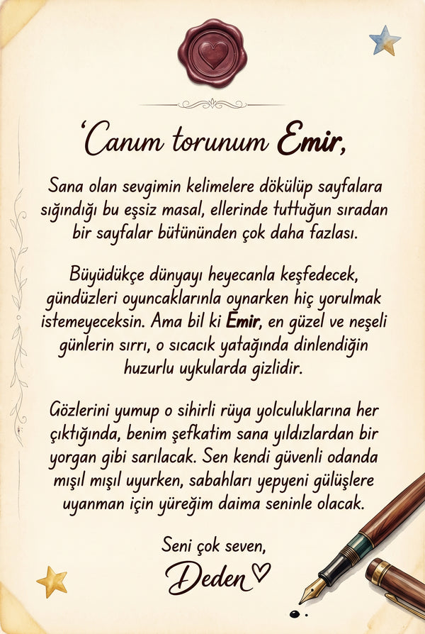 Hediye eden teyzeden Emir'e özel yazılmış duygu dolu ithaf alanı ve doğum günü tebrik mesajı sayfası.