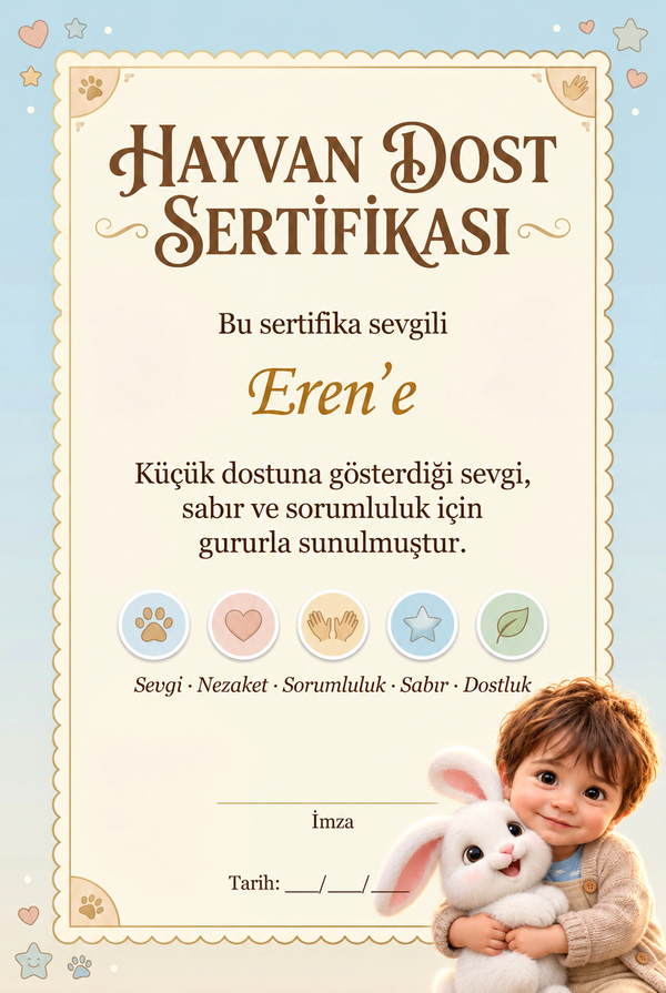Eren ve Bulut kişiye özel Hayvan Dost Sertifikası