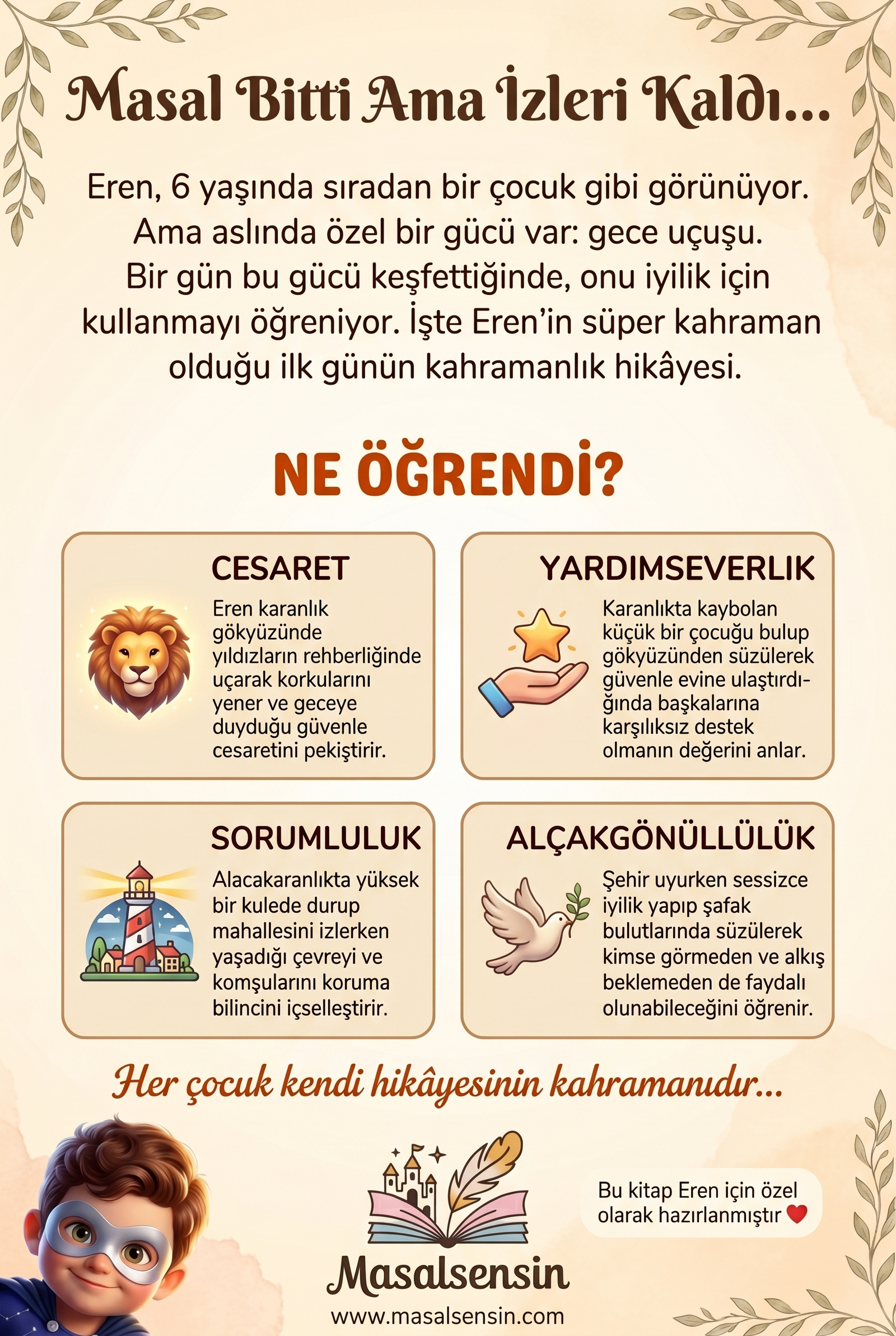 Eren isimli çocuk kitabı arka kapağı — empati ve öz güven kazanımlarını vurgulayan yüksek kaliteli baskı