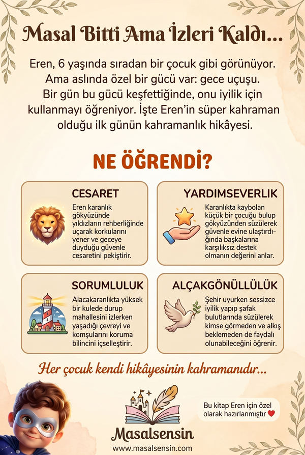 Eren isimli çocuk kitabı arka kapağı — empati ve öz güven kazanımlarını vurgulayan yüksek kaliteli baskı