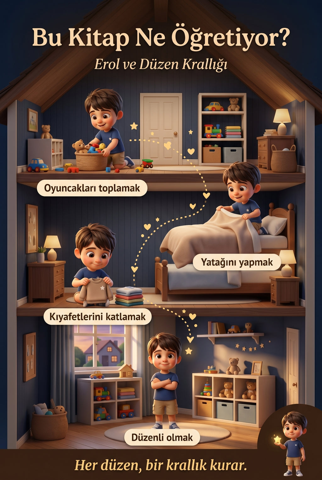 Bu Kitap Ne Öğretiyor — Erol ve Düzen Krallığı için öğrendiği günlük değerler görselleştirmesi.