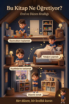 Bu Kitap Ne Öğretiyor — Erol ve Düzen Krallığı için öğrendiği günlük değerler görselleştirmesi.