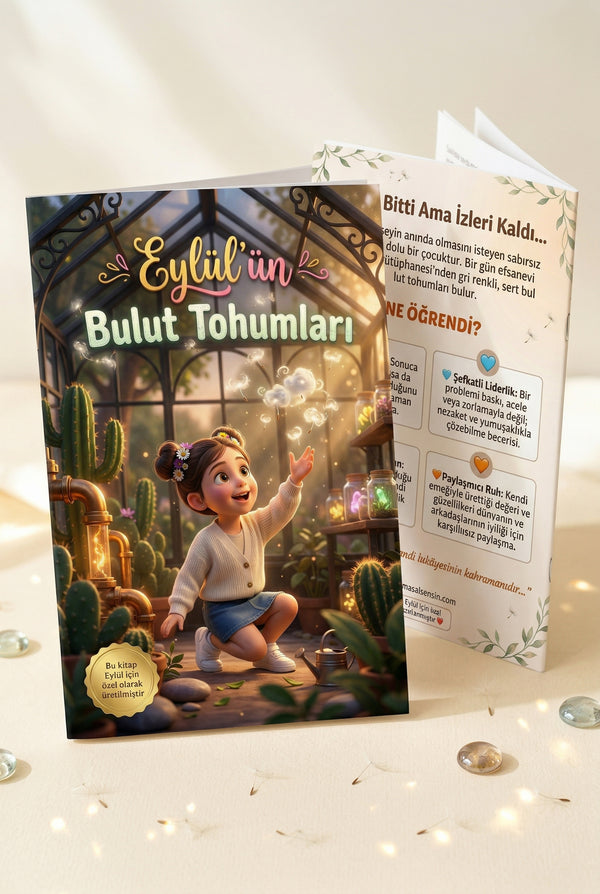 Eylül için hazırlanmış kişiye özel çocuk kitabı ön ve arka kapak tasarımı bir arada.