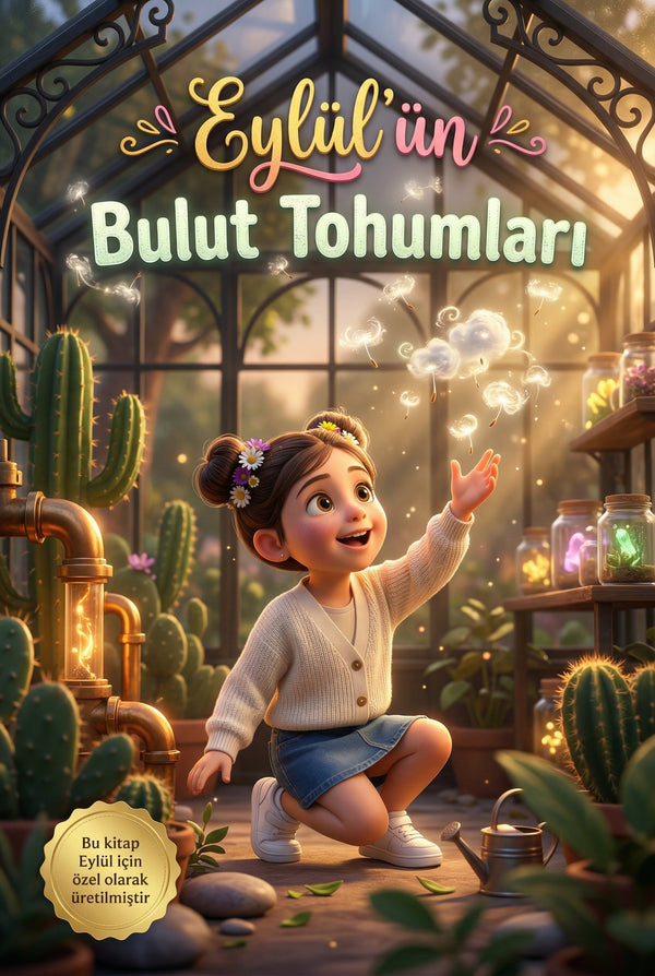 Eylül'ün Bulut Tohumları kişiselleştirilmiş kitap ön kapağı ve pamuk şeker bulutlar.