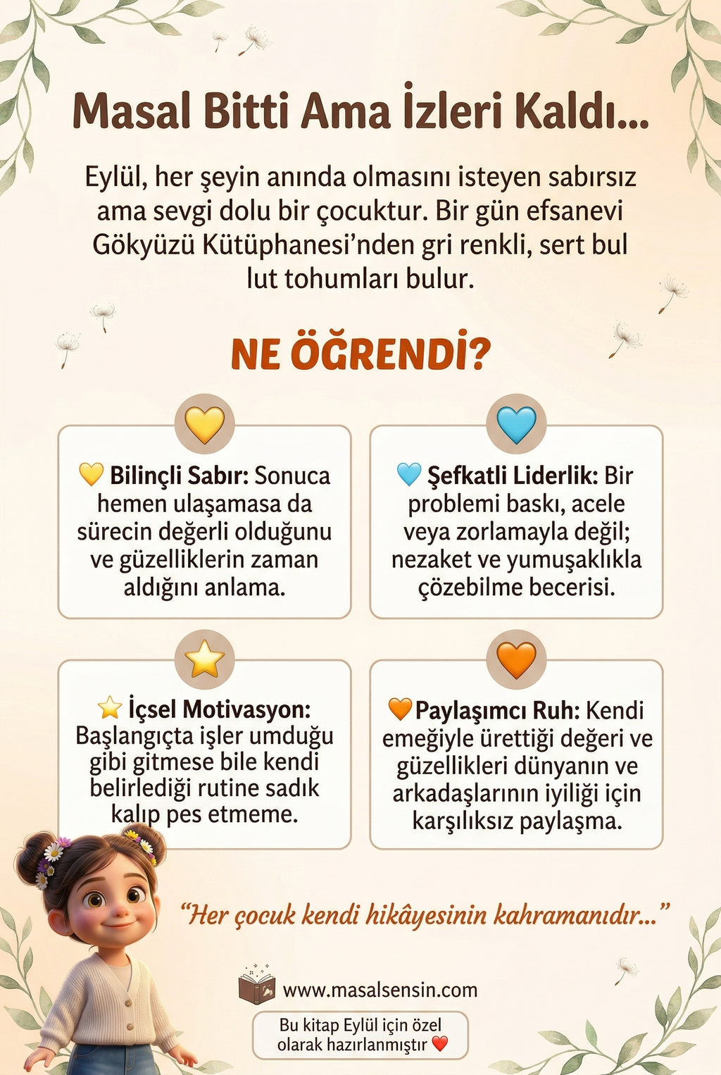 İsimli çocuk kitabı Eylül'ün Bulut Tohumları arka kapağı ve büyüleyici kristal bahçesi.