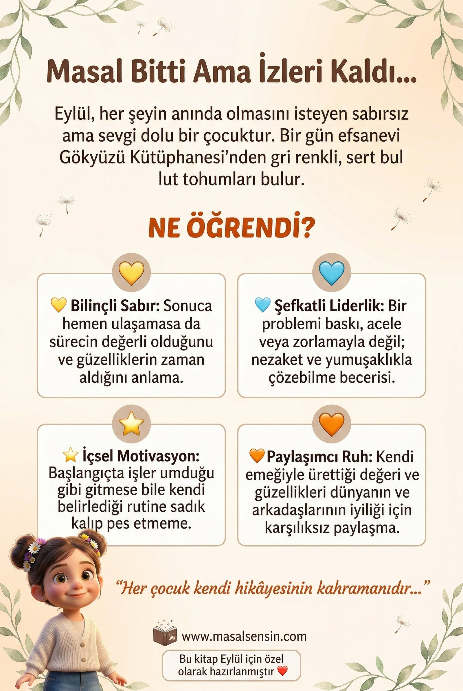İsimli çocuk kitabı Eylül'ün Bulut Tohumları arka kapağı ve büyüleyici kristal bahçesi.