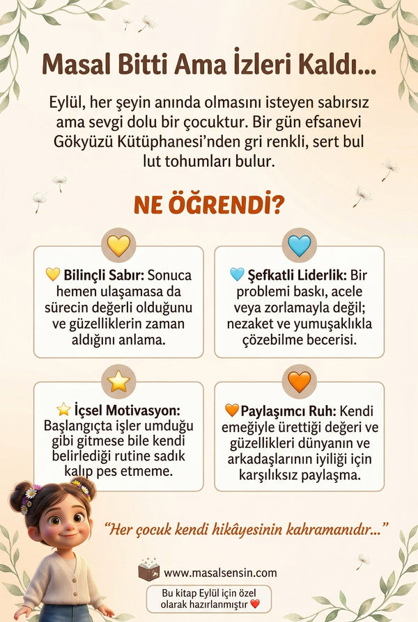 İsimli çocuk kitabı Eylül'ün Bulut Tohumları arka kapağı ve büyüleyici kristal bahçesi.