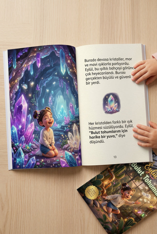 Eylül'ün sabrı öğrendiği sahnelerin yer aldığı açık sayfalı doğum günü hediyesi kitap.