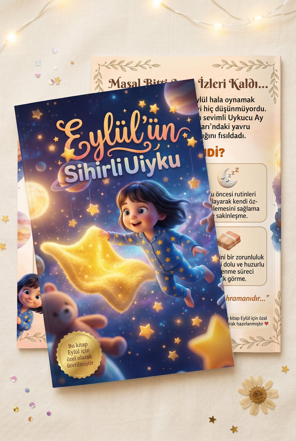 Eylül'ün kişiye özel kitabı ön ve arka kapak bir arada — A4 yumuşak kapak kalitesiyle uyku masalları koleksiyonu