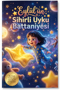 Eylül'ün Sihirli Uyku Battaniyesi kişiye özel bebek masalı ön kapağı, yıldızlarla dolu huzurlu Pixar 3D illüstrasyon