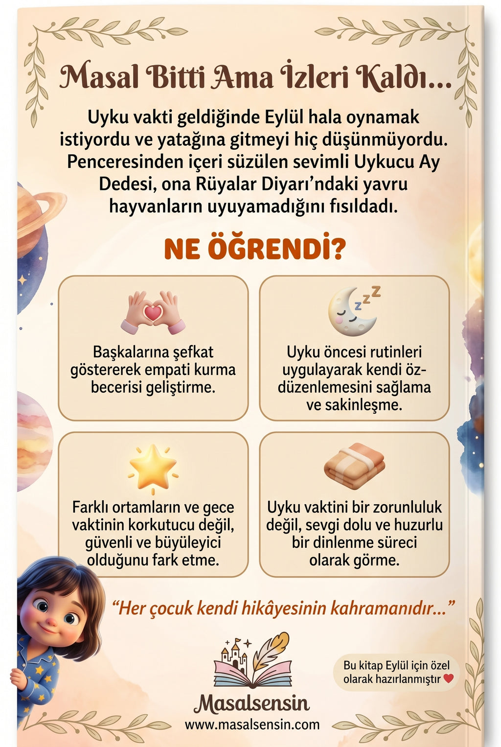 Eylül isimli uyku kitabının arka kapağı — çocuğa öz-düzenleme ve uyku rutini kazandıran pedagojik açıklamalar