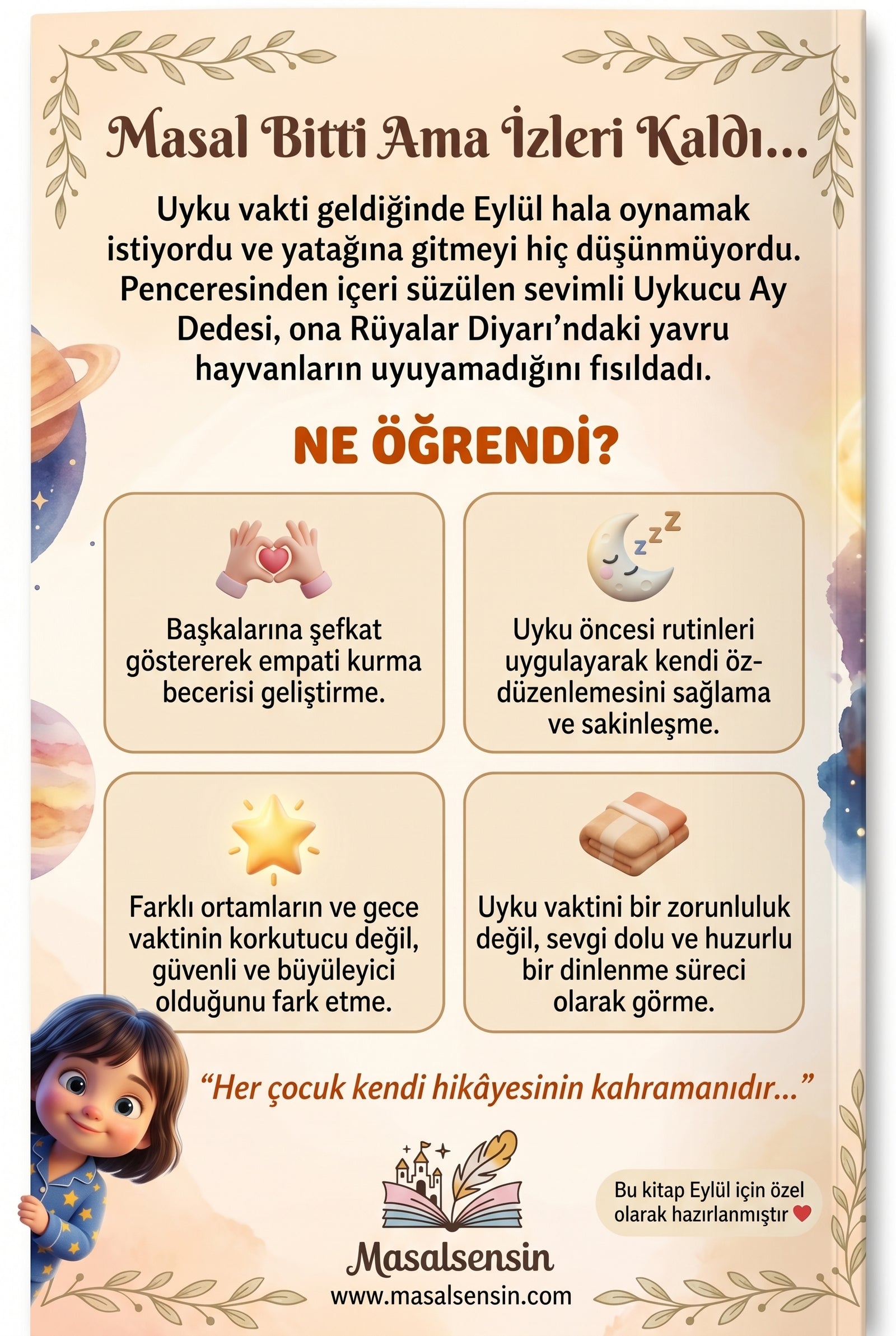 Eylül isimli uyku kitabının arka kapağı — çocuğa öz-düzenleme ve uyku rutini kazandıran pedagojik açıklamalar