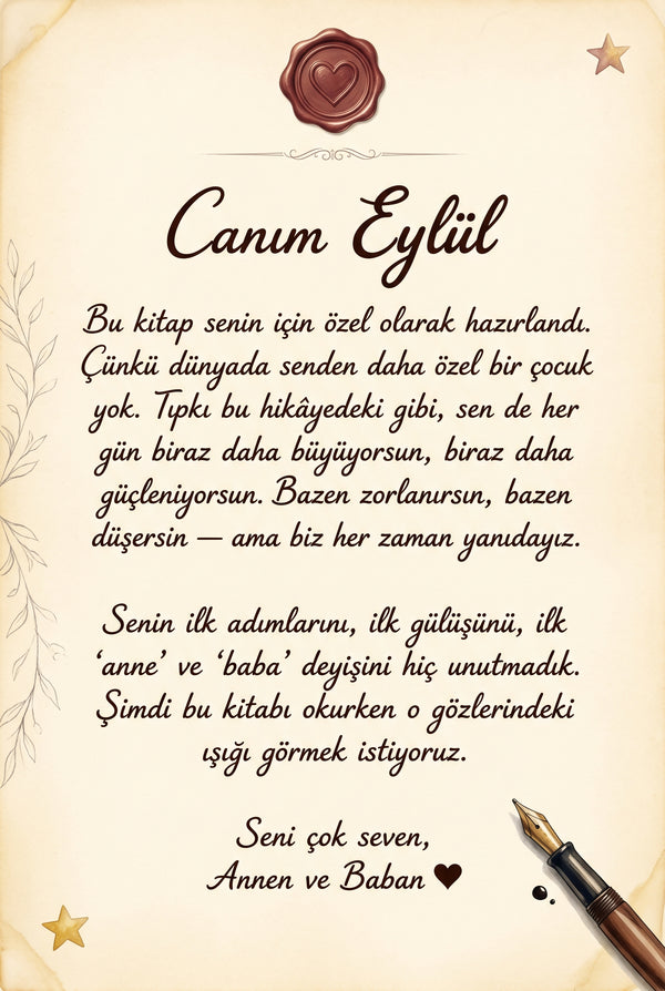 Eylül'e doğum günü hediyesi olarak yazılmış duygu yüklü ithaf yazısı sayfası, özel tasarımlı kişiselleştirilmiş not