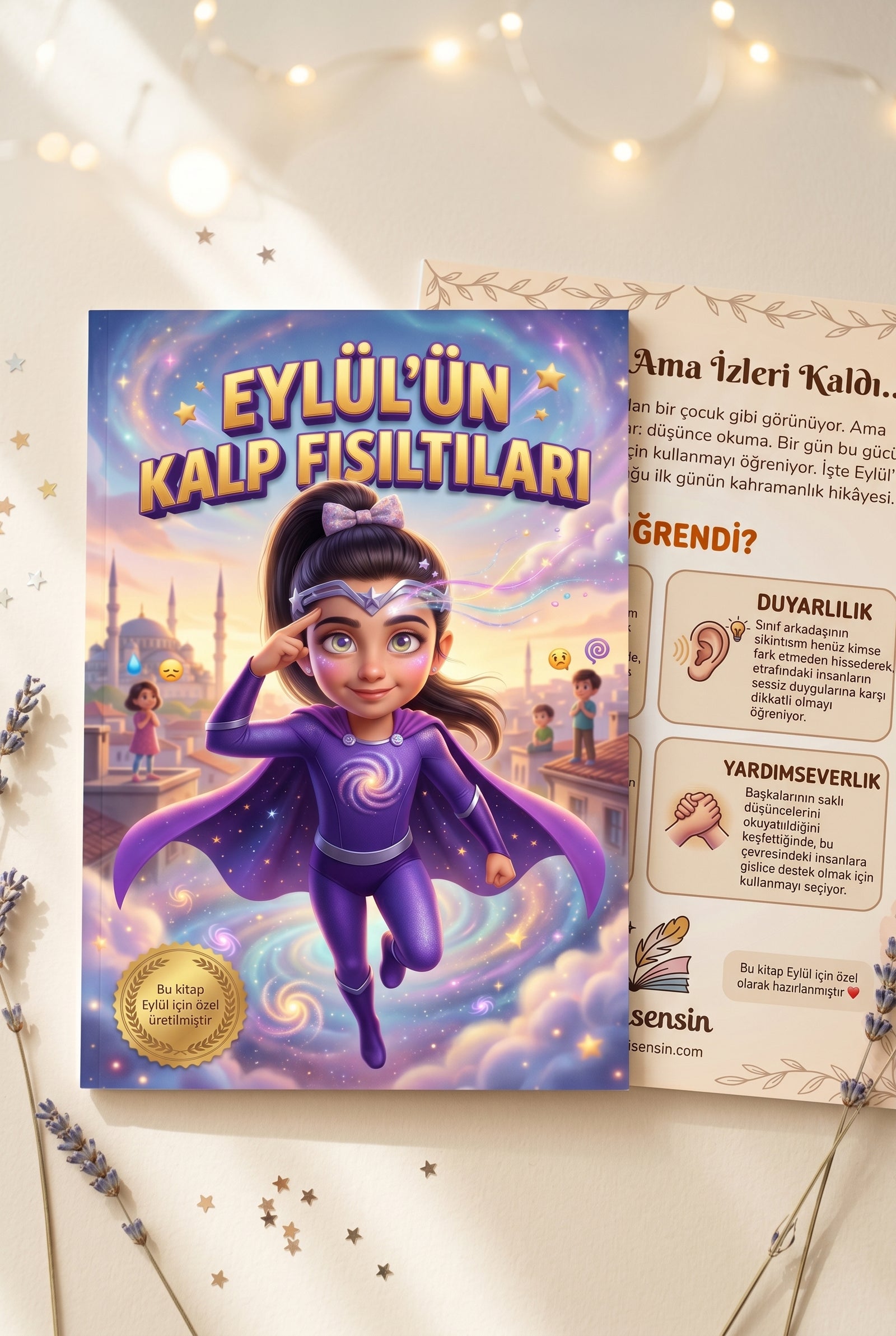 Eylül isimli süper kahraman hikaye kitabının ön ve arka kapak tasarımı birlikte — premium yumuşak kapak kalitesi