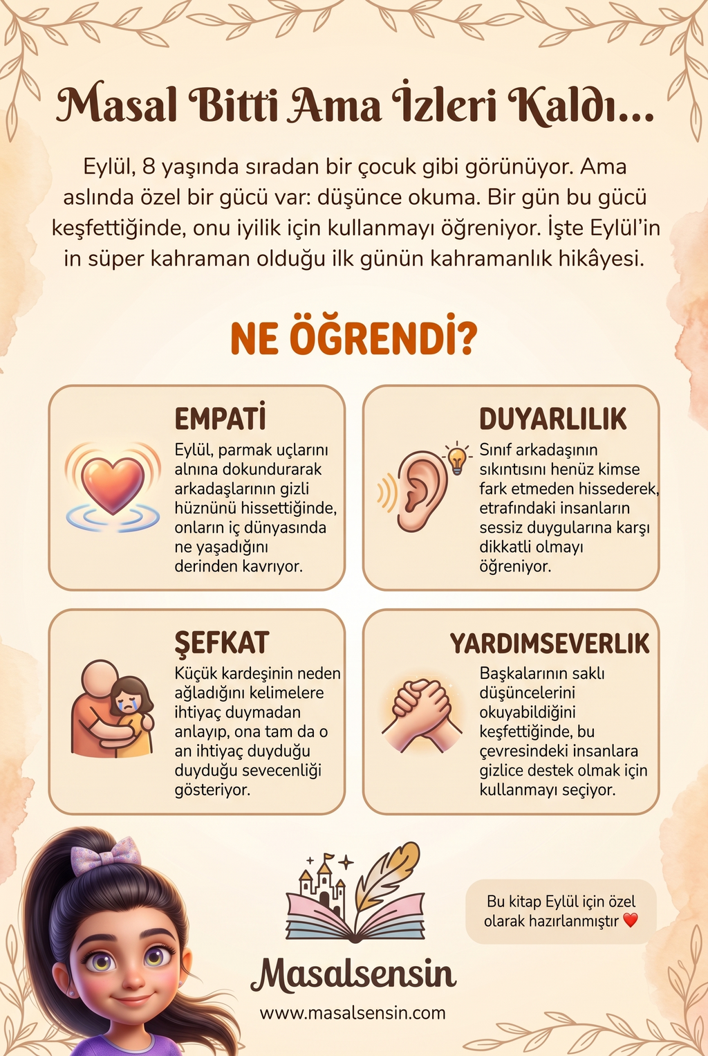 Eylül adlı çocuğa özel masal kitabının arka kapağı — özgüven ve empati gelişimi kazanımları özeti