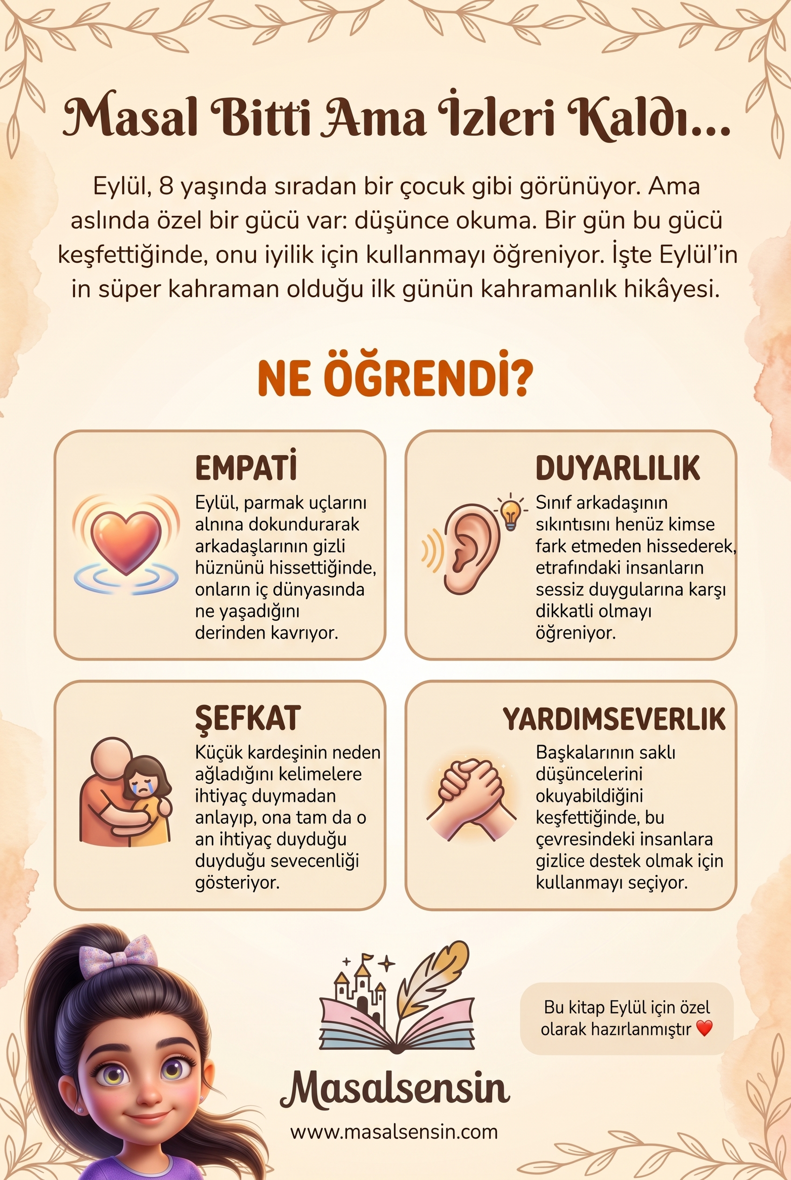 Eylül adlı çocuğa özel masal kitabının arka kapağı — özgüven ve empati gelişimi kazanımları özeti