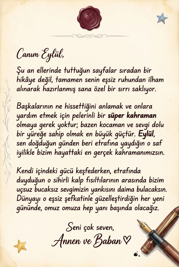 Hediye edilen kişiye özel çocuk kitabının iç sayfasında teyze ve büyükanneden yazılmış sevgi dolu özel not