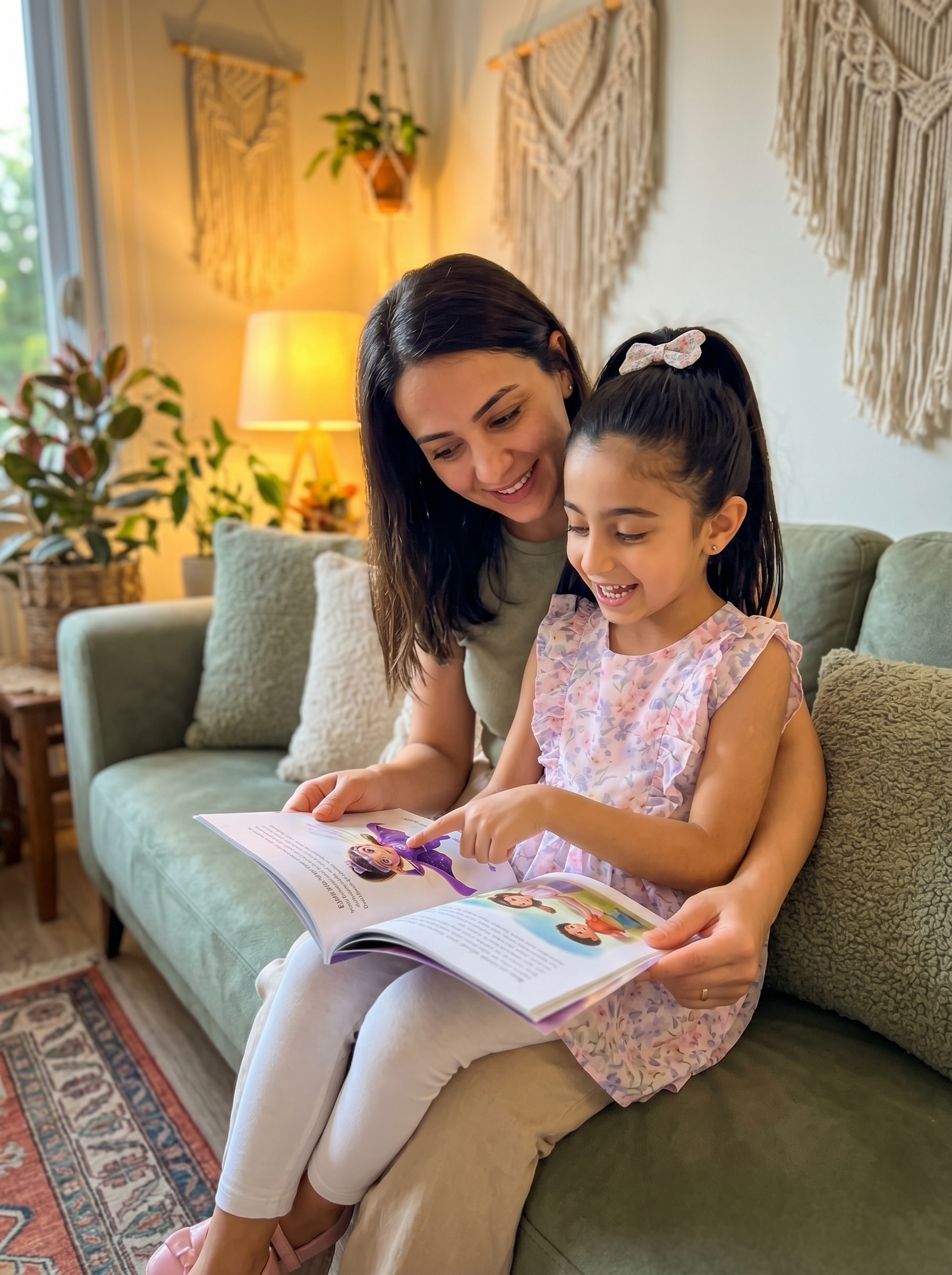 Eylül kendi ismine özel süper kahraman hikayesini okurken — uyku öncesi kitap okuma alışkanlığı anı