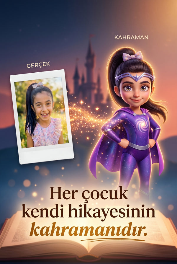 Kişiye özel kahramanın mor kostümü ve gümüş tacıyla süper güçlerine kavuştuğu dönüşüm sahnesi illüstrasyonu