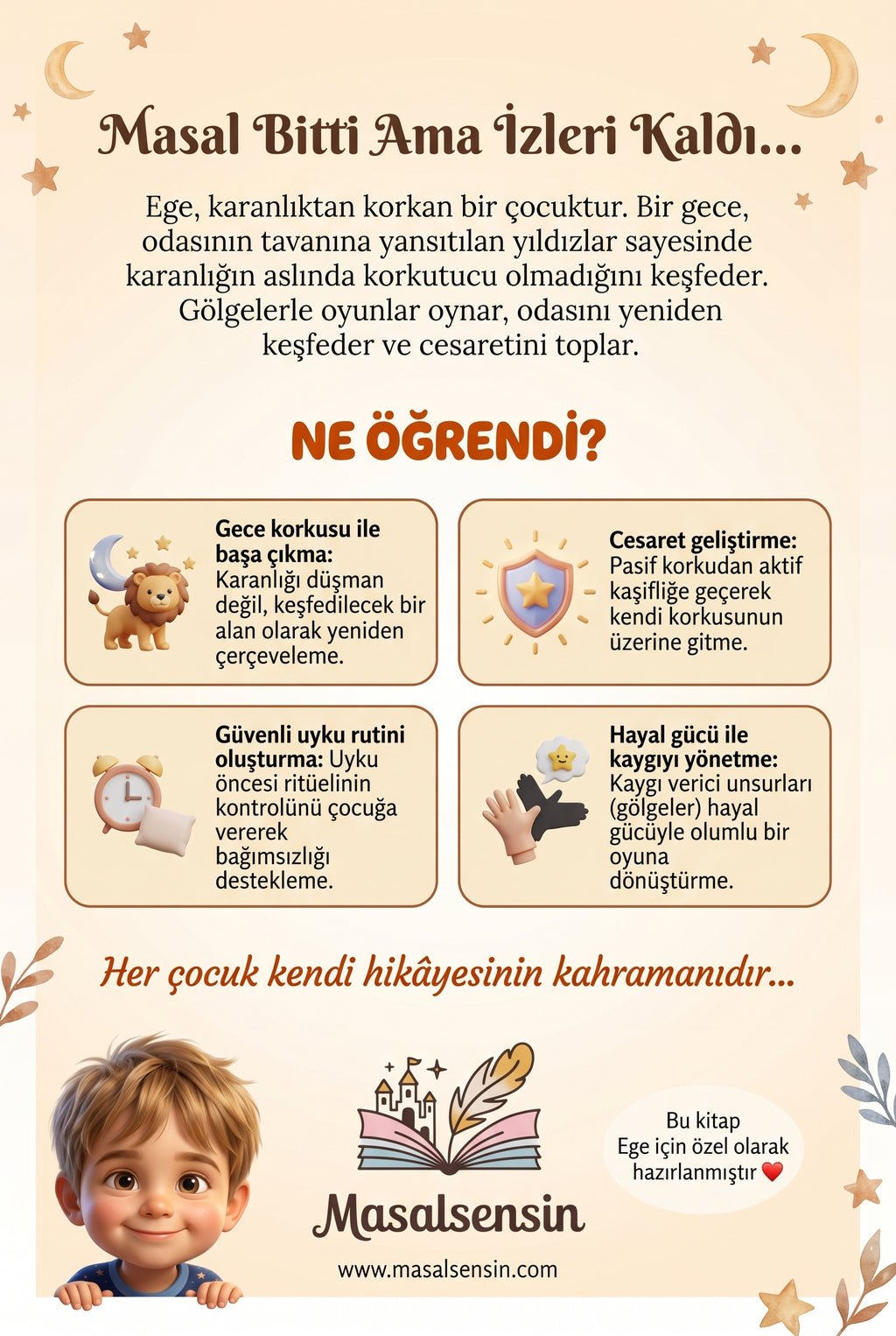 Ege ve Gece Feneri kişiselleştirilmiş hikaye kitabının arka kapağı, gece korkusunu yenme ve cesaret kazanımlarını özetliyor.