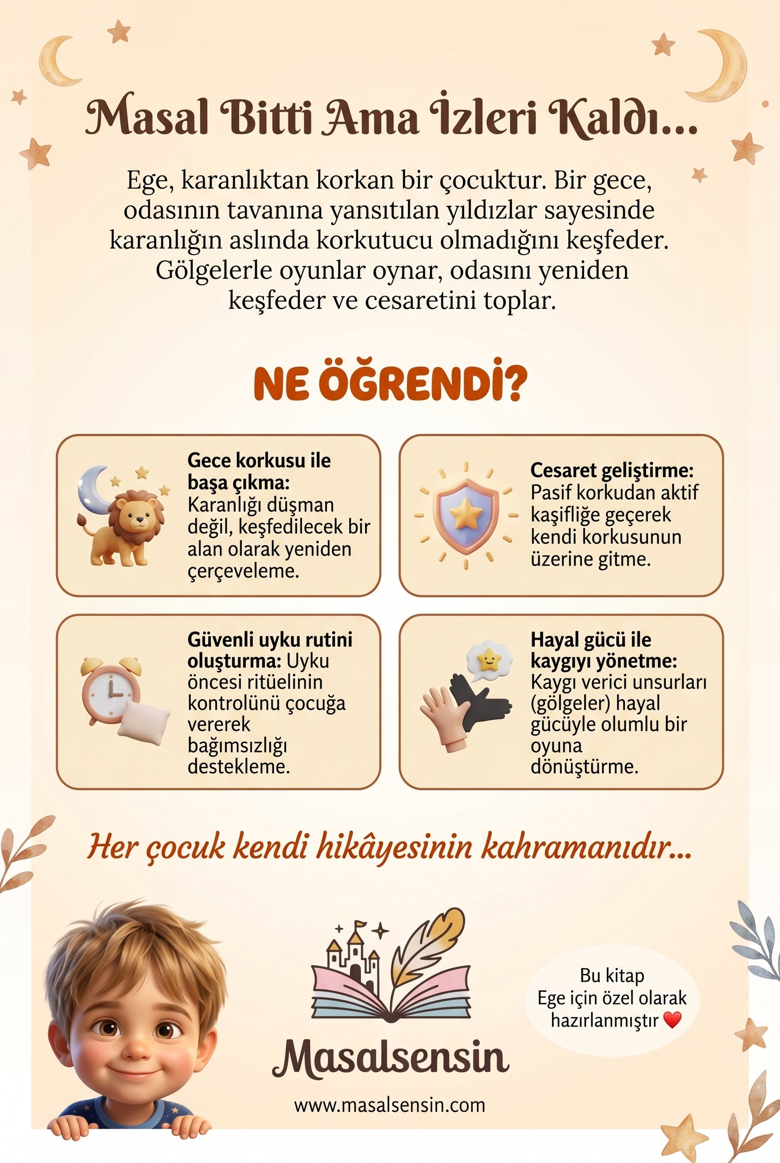 Ege ve Gece Feneri kişiselleştirilmiş hikaye kitabının arka kapağı, gece korkusunu yenme ve cesaret kazanımlarını özetliyor.